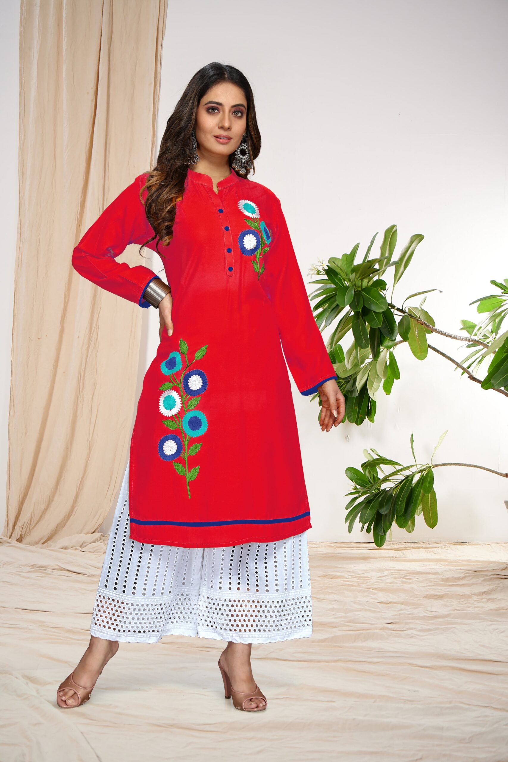Buy Ziyaa Women's Red Poly Silk Kurta and Palazzo (Set of 2) online